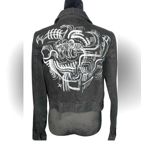 Highway Jeans VTG Black Women’s Crop Graffiti Jean Jacket. Size XL - Picture 1 of 6